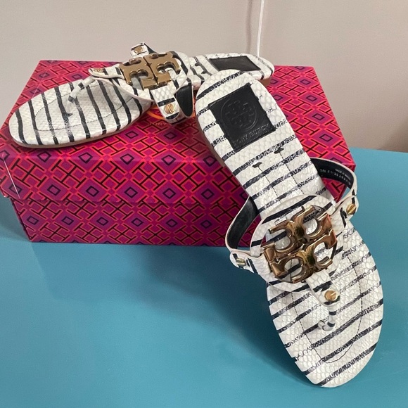 Tory Burch | Metal Miller Sandals | Striped Snake-Embossed Leather | sz9 - Picture 1 of 9